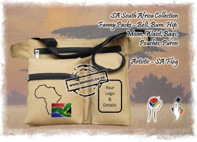 South African Flag Fanny Packs, Belt Bum Hip Waist Moon Bags, Packs, Pouches and Purses, Cotton Canvas, Artistic Design, Customized and Personalized to your specifications